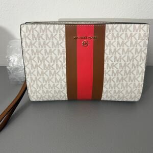 Michael Kors Jet Set MK Signature Stripe Wristlet Clutch Vanilla Brown Red
